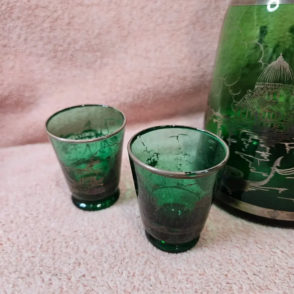 Vintage Venetian Emerald Green Glass Decanter Set w/ Silver Overlay & 4 Glasses